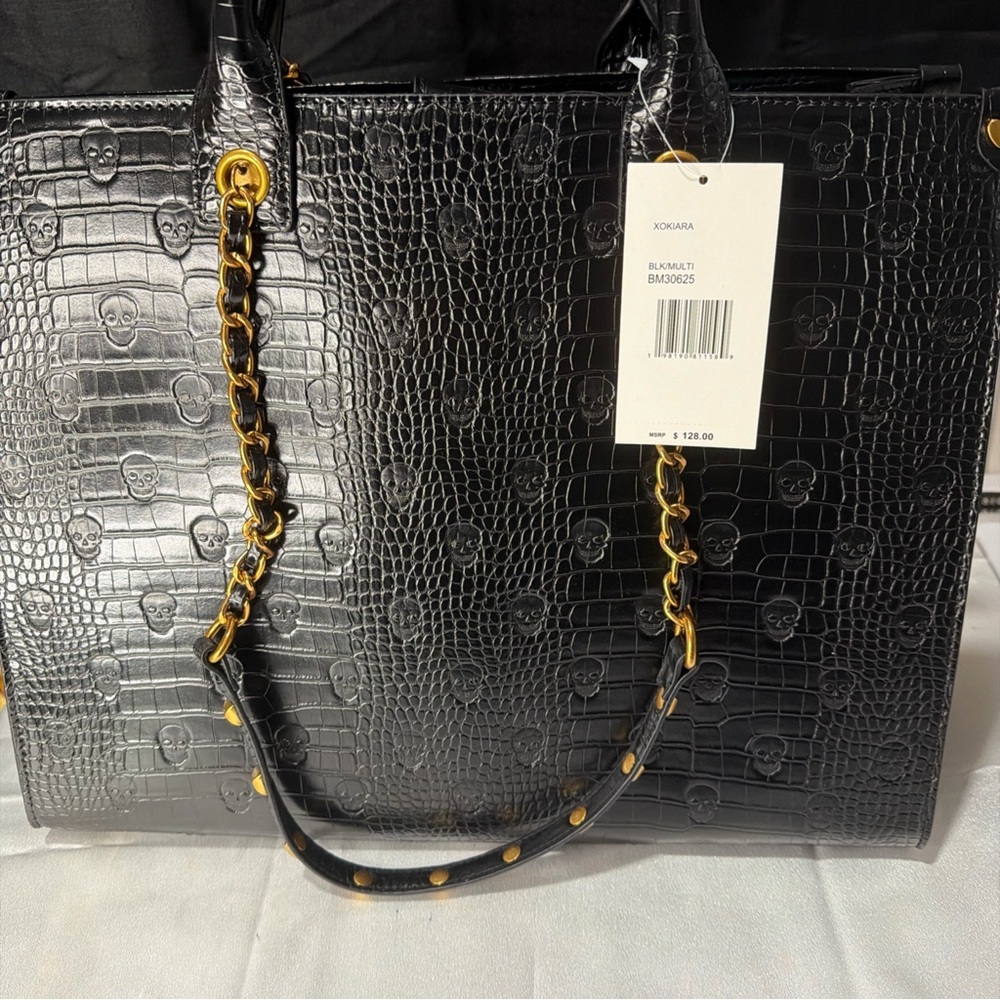 Betsey Johnson Black Croc-Embossed Tote with Gold Chain Accents - Picture 4 of 11